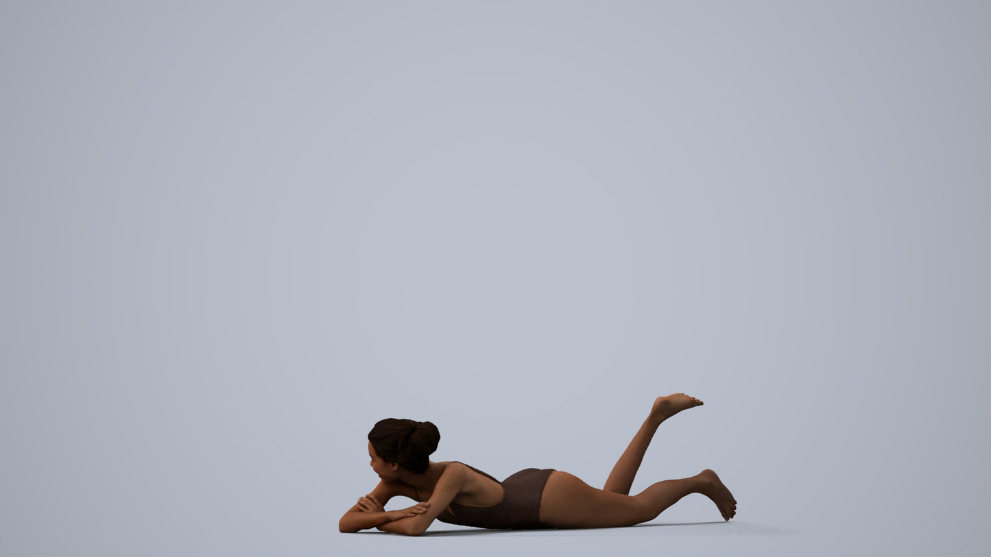 3D human model woman casual pool, photogrammetry scanned person for archviz, three-quarter view render