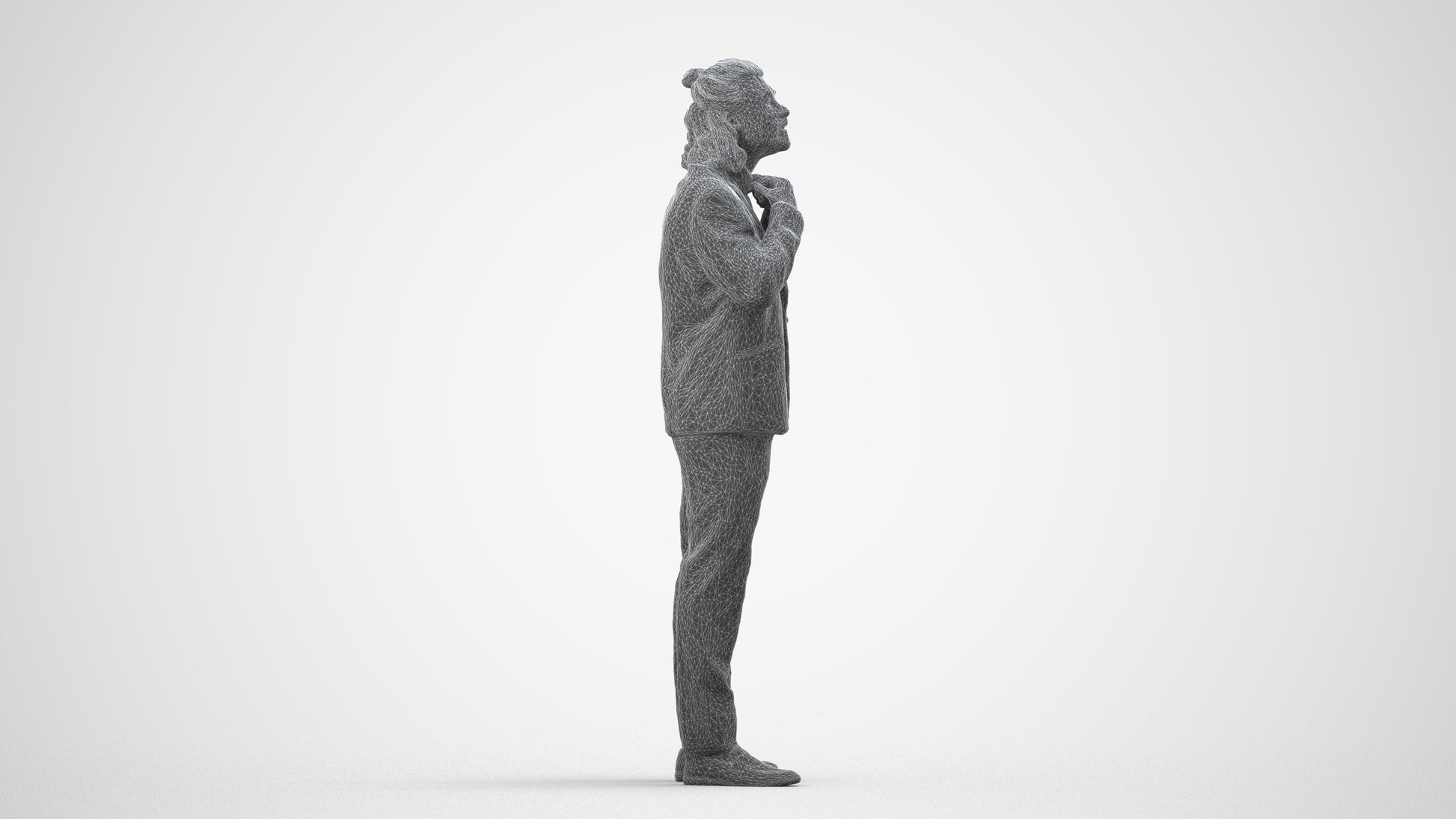 3D human model man formal cycling, photogrammetry scanned person for archviz, wireframe side view