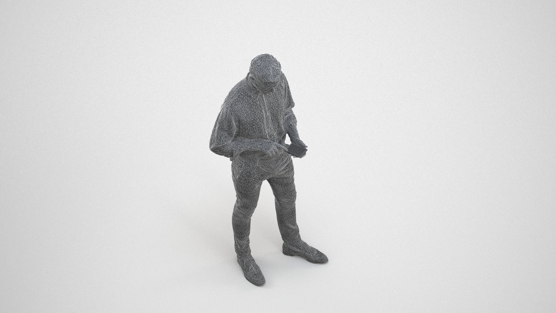 3D people model man casual standing, scanned human for 3ds Max rendering, wireframe three-quarter view