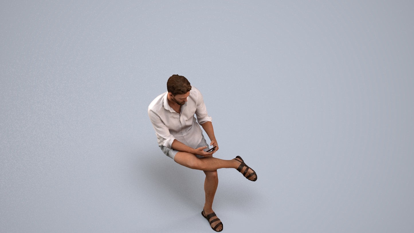 realistic 3D man casual sitting, scanned archviz people for Blender and 3ds Max, back view render