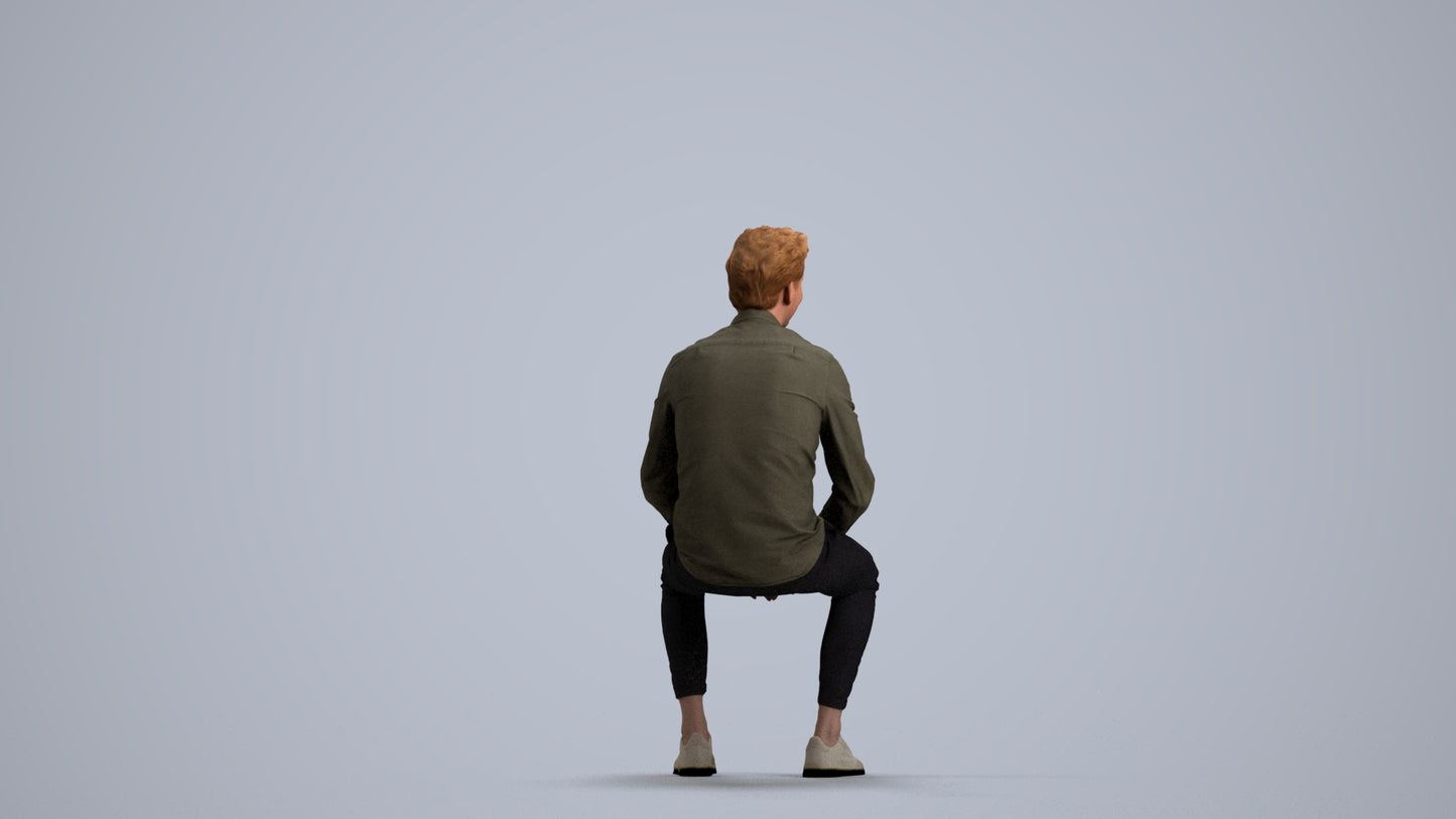 realistic 3D man casual sitting, scanned archviz people for Blender and 3ds Max, front view render