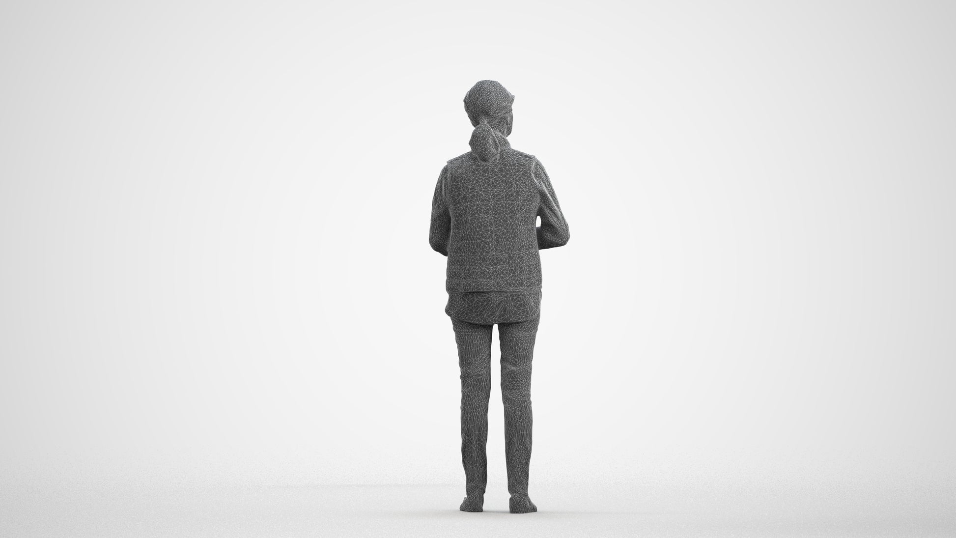 realistic 3D senior woman casual standing, scanned archviz people for Blender and 3ds Max, wireframe front view