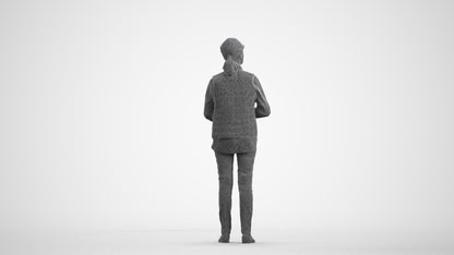 realistic 3D senior woman casual standing, scanned archviz people for Blender and 3ds Max, wireframe front view