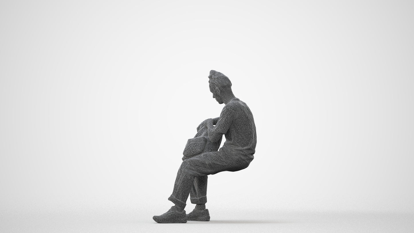 3D human model man casual sitting, photogrammetry scanned person for archviz, square thumbnail
