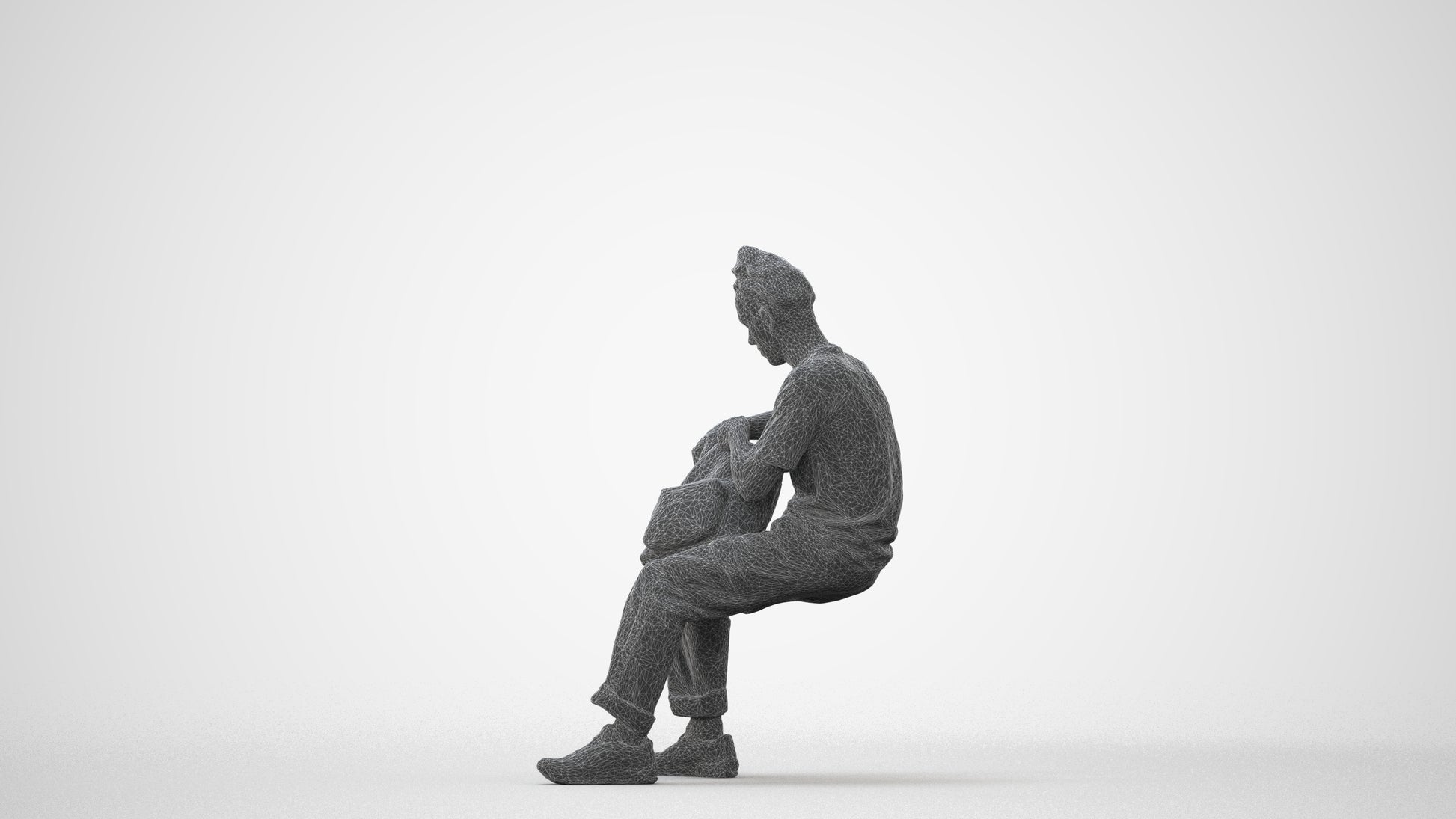 3D human model man casual sitting, photogrammetry scanned person for archviz, square thumbnail