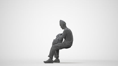 3D human model man casual sitting, photogrammetry scanned person for archviz, square thumbnail