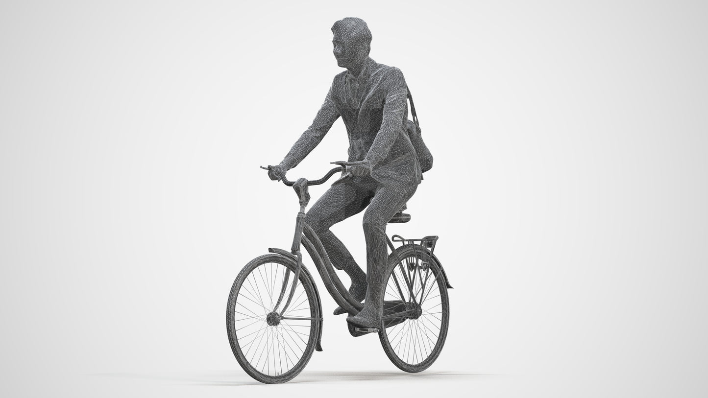 photogrammetry 3D man business cycling, realistic human model archviz FBX, three-quarter front view render