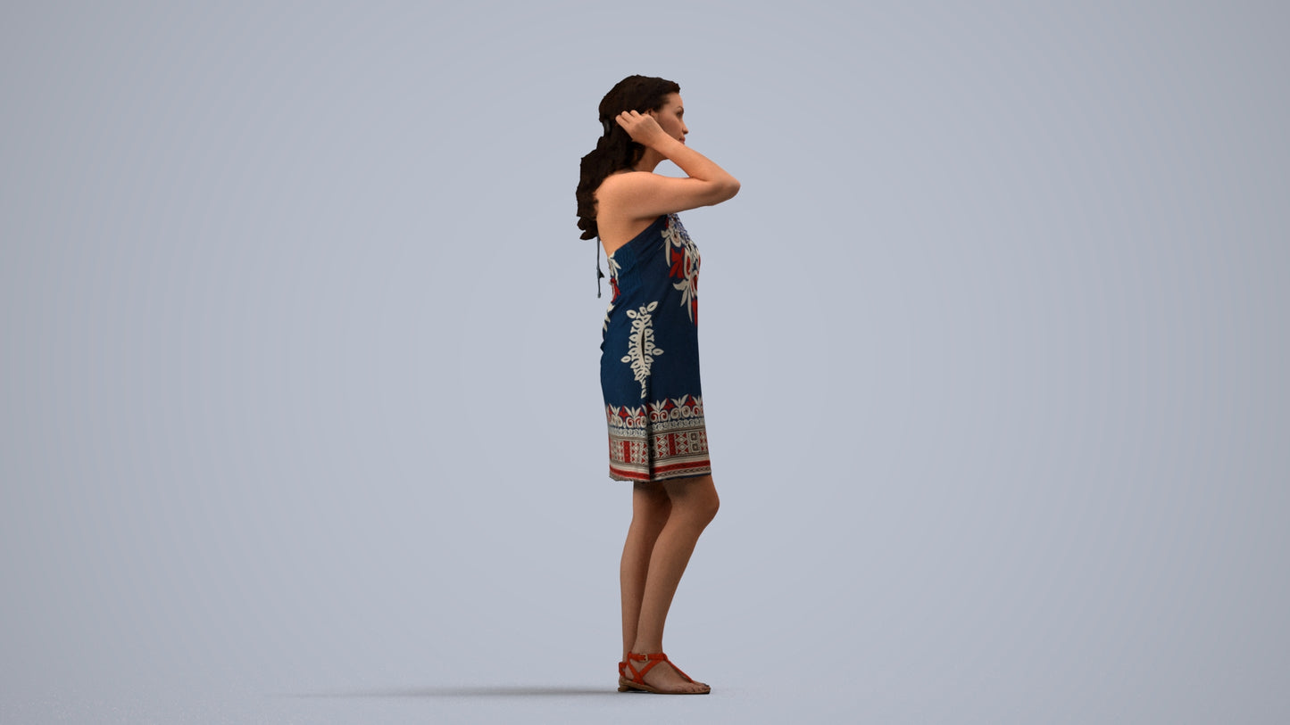 3D human model woman standing, photogrammetry scanned person for archviz, side view render