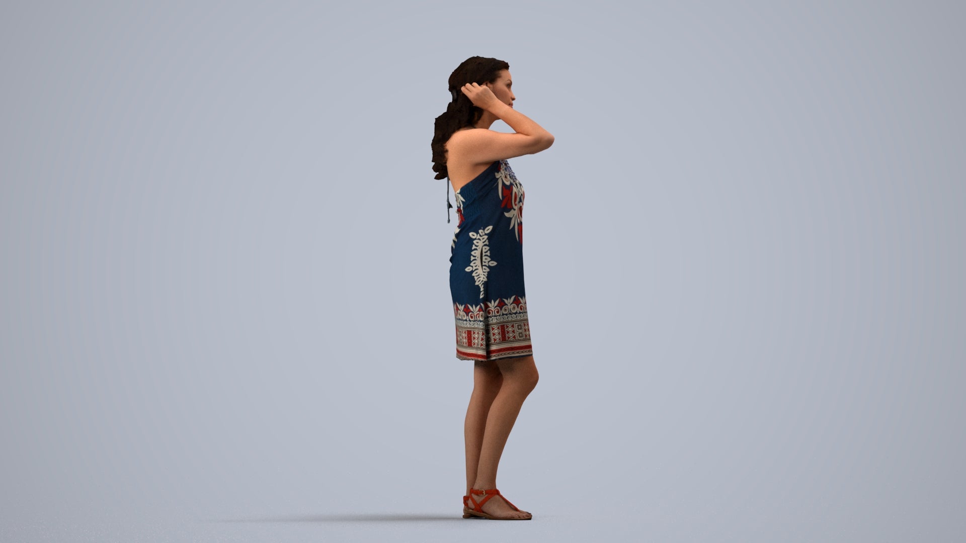 3D human model woman standing, photogrammetry scanned person for archviz, side view render
