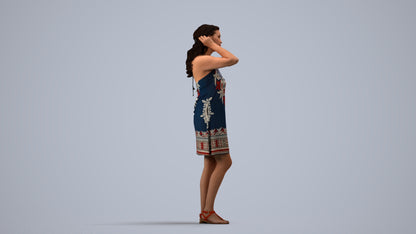 3D human model woman standing, photogrammetry scanned person for archviz, side view render