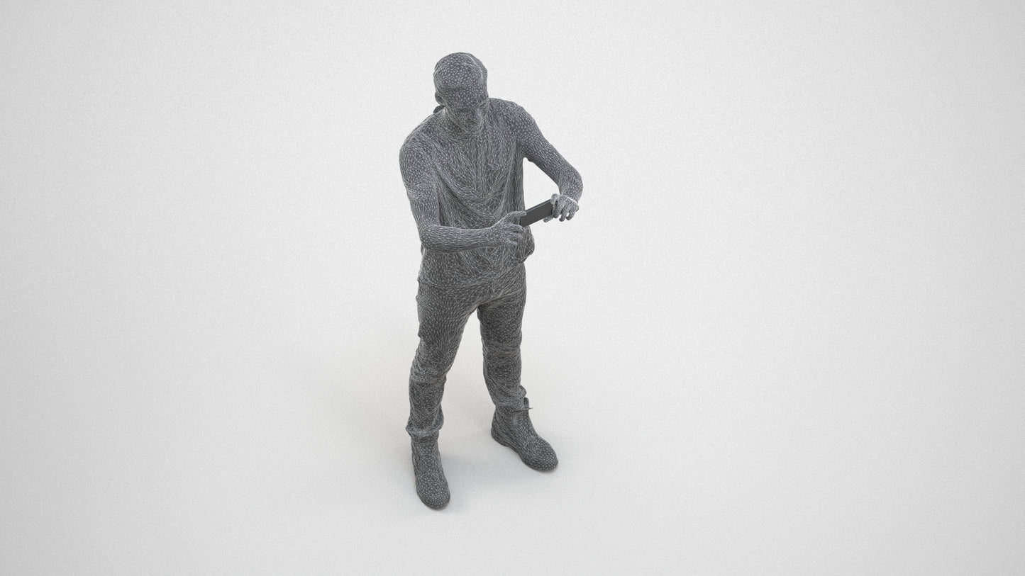 3D scanned man standing casual, photorealistic archviz people for Enscape and SketchUp, wireframe three-quarter view