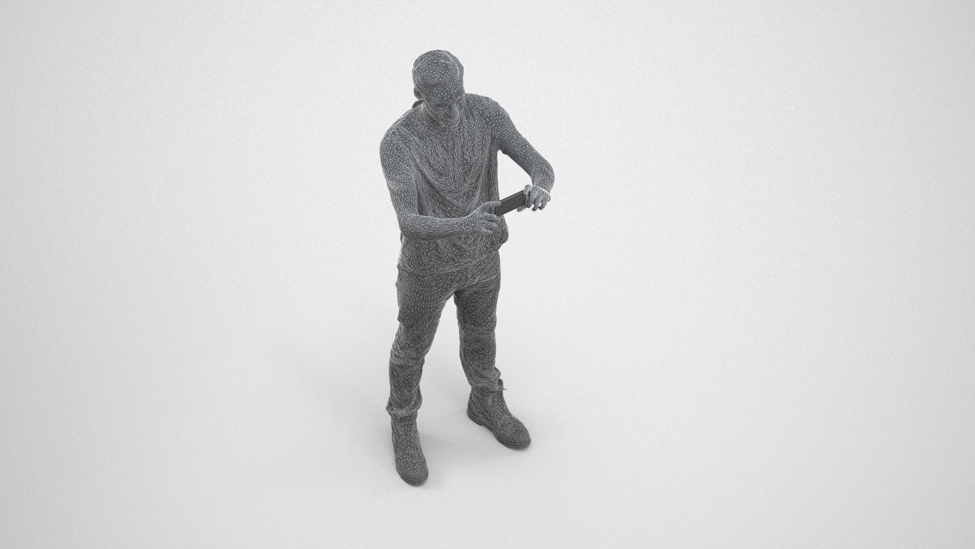 3D scanned man standing casual, photorealistic archviz people for Enscape and SketchUp, wireframe three-quarter view