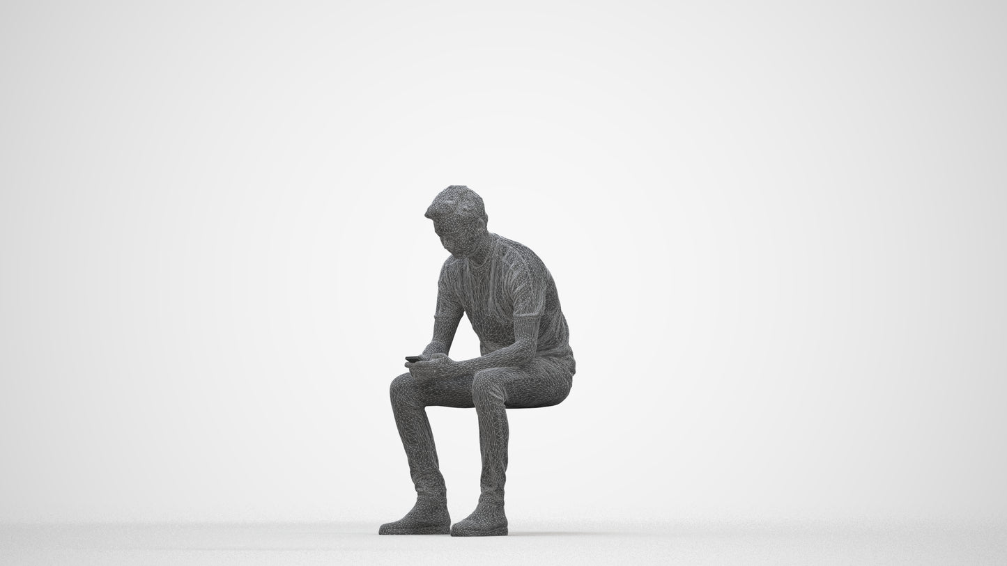 photogrammetry 3D man casual sitting, realistic human model archviz FBX, wireframe back view