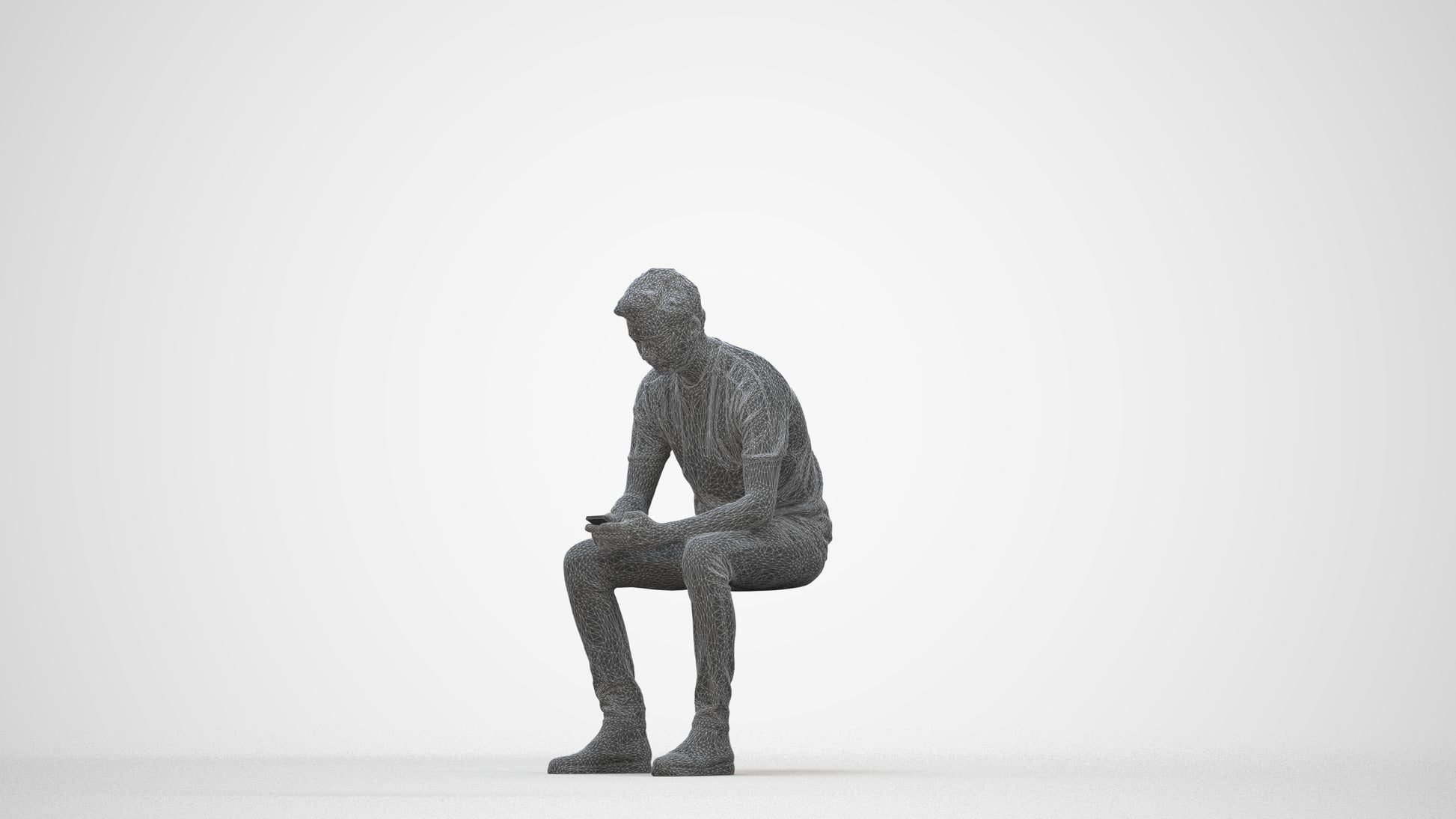 photogrammetry 3D man casual sitting, realistic human model archviz FBX, wireframe back view
