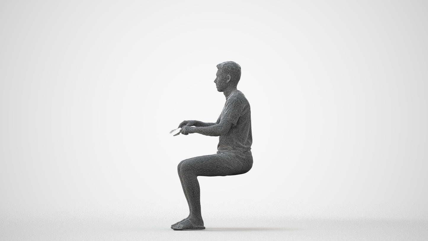 3D human model man casual sitting, photogrammetry scanned person for archviz, square thumbnail