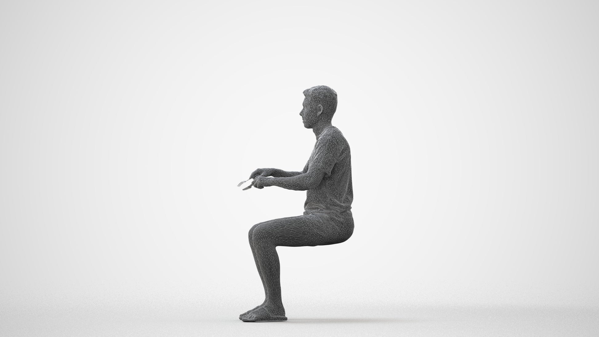 3D human model man casual sitting, photogrammetry scanned person for archviz, square thumbnail