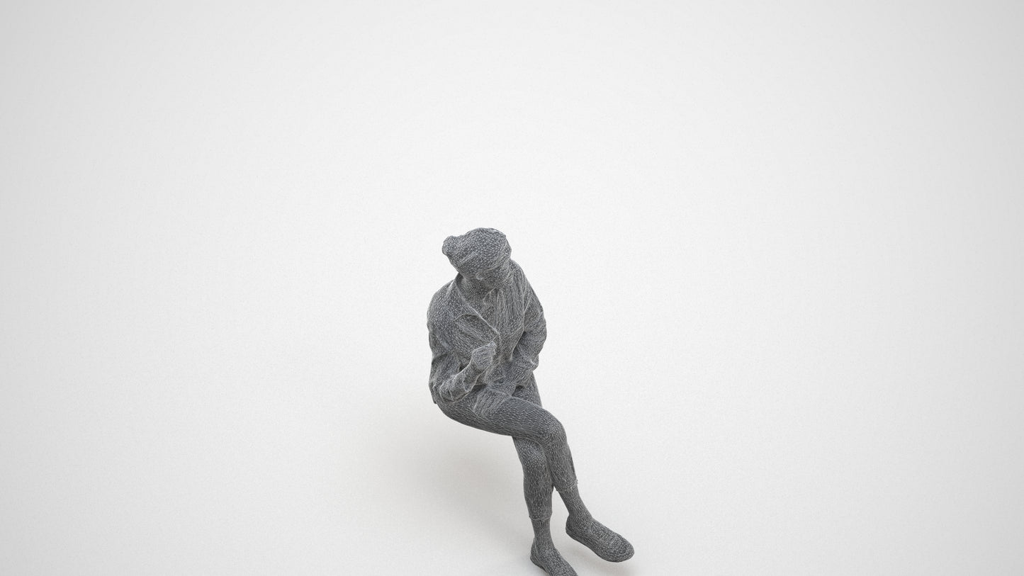 realistic 3D human senior woman casual sitting, archviz people FBX OBJ for Blender, wireframe three-quarter view