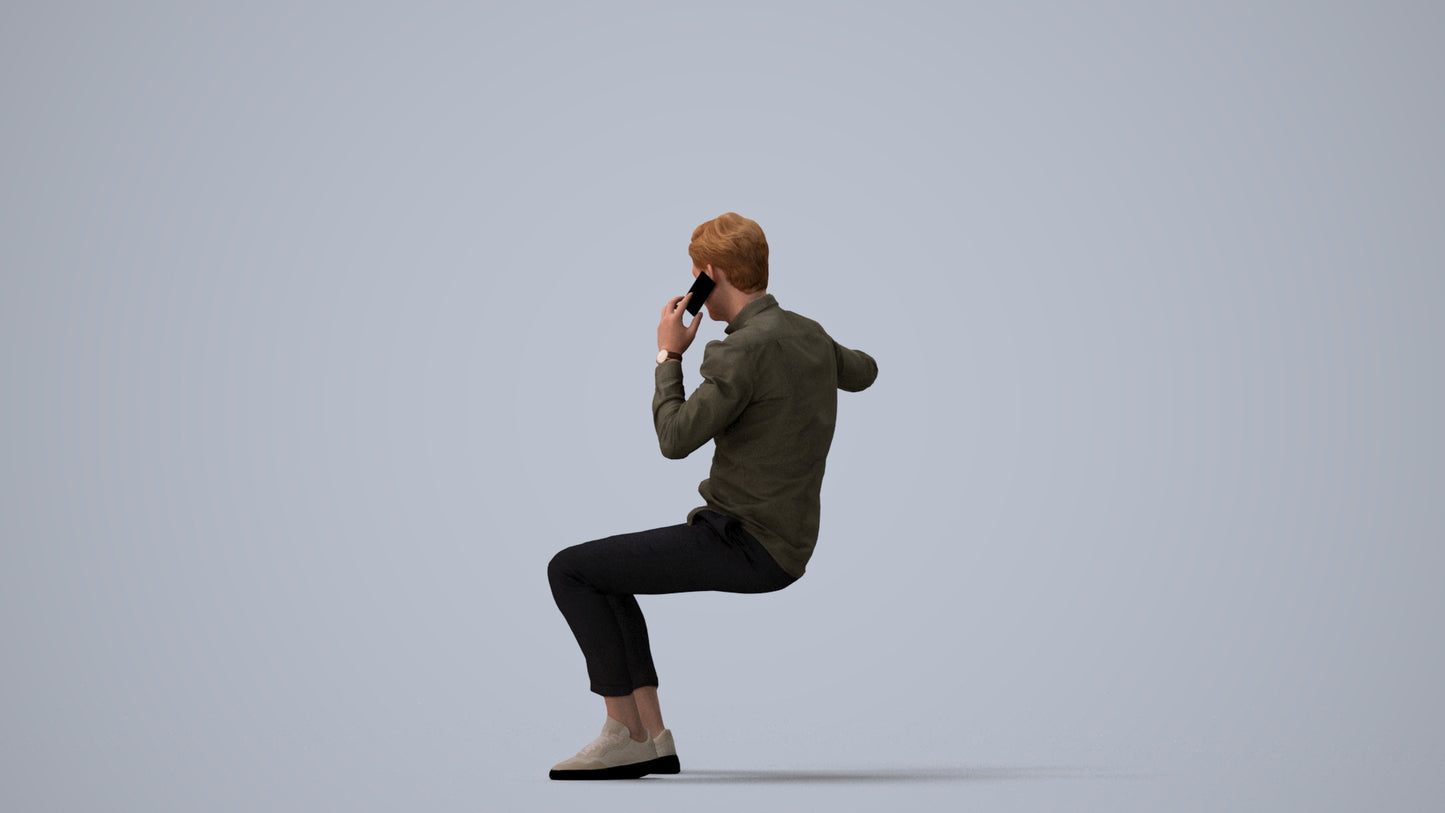 realistic 3D human man casual sitting, archviz people FBX OBJ for Blender, three-quarter view render