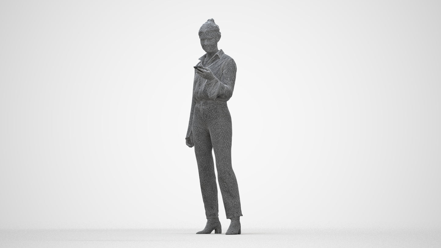 realistic 3D woman business standing, scanned archviz people for Blender and 3ds Max, wireframe back view
