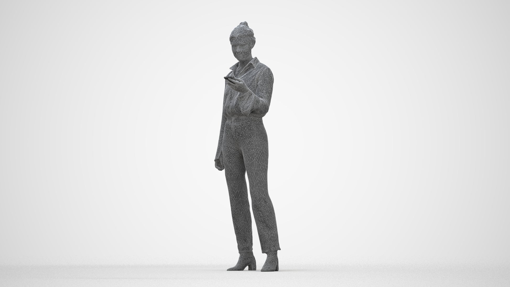 realistic 3D woman business standing, scanned archviz people for Blender and 3ds Max, wireframe back view