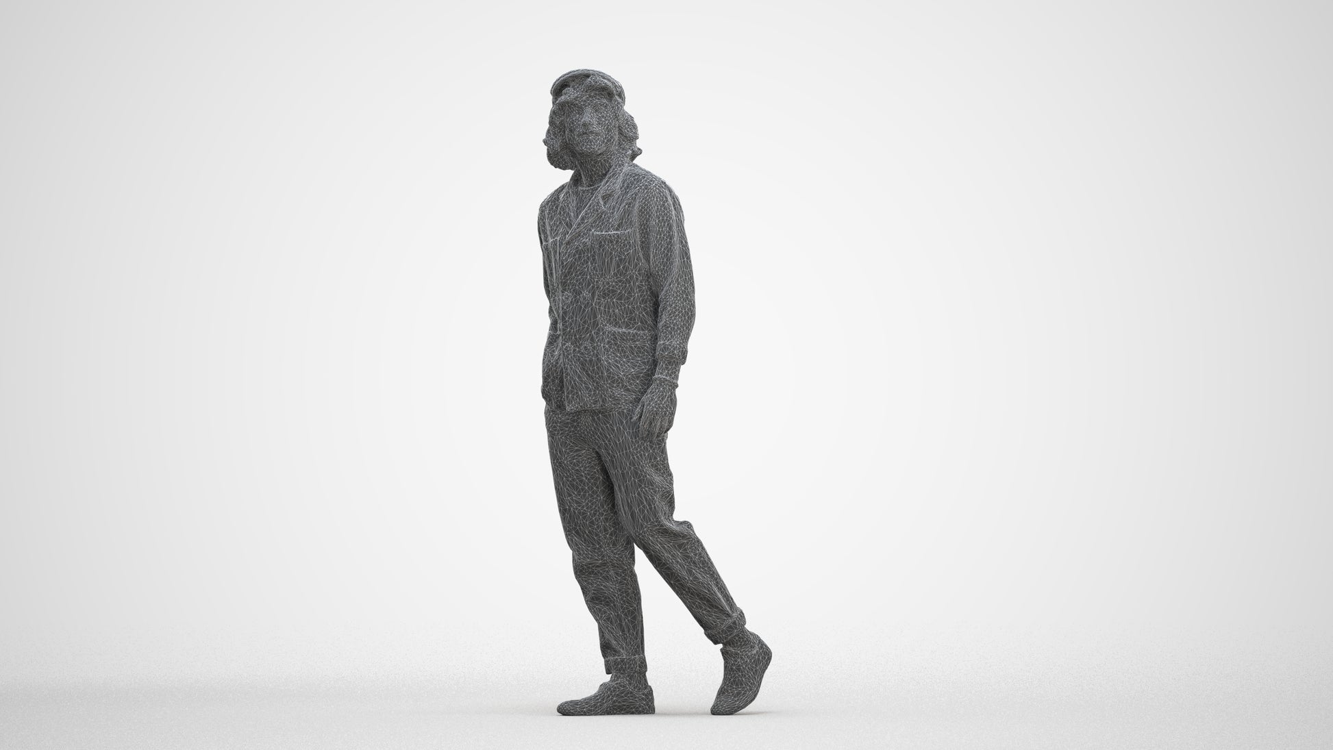 3D human model man casual walking, photogrammetry scanned person for archviz, three-quarter front view render