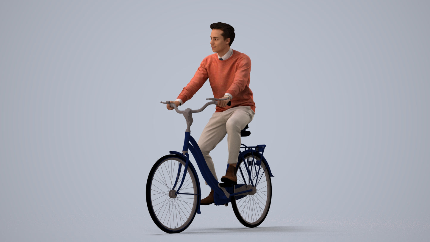 3D human model man casual cycling, photogrammetry scanned person for archviz, three-quarter view render