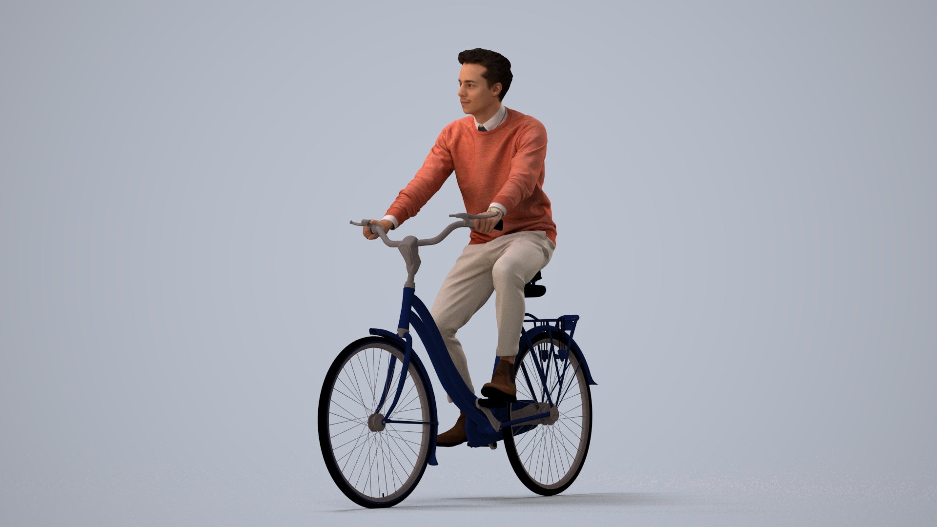 3D human model man casual cycling, photogrammetry scanned person for archviz, three-quarter view render