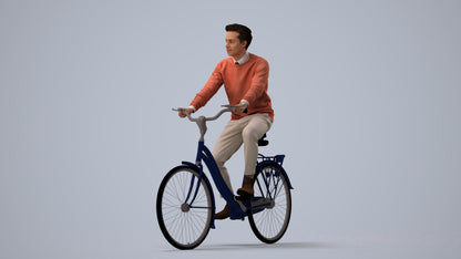 3D human model man casual cycling, photogrammetry scanned person for archviz, three-quarter view render