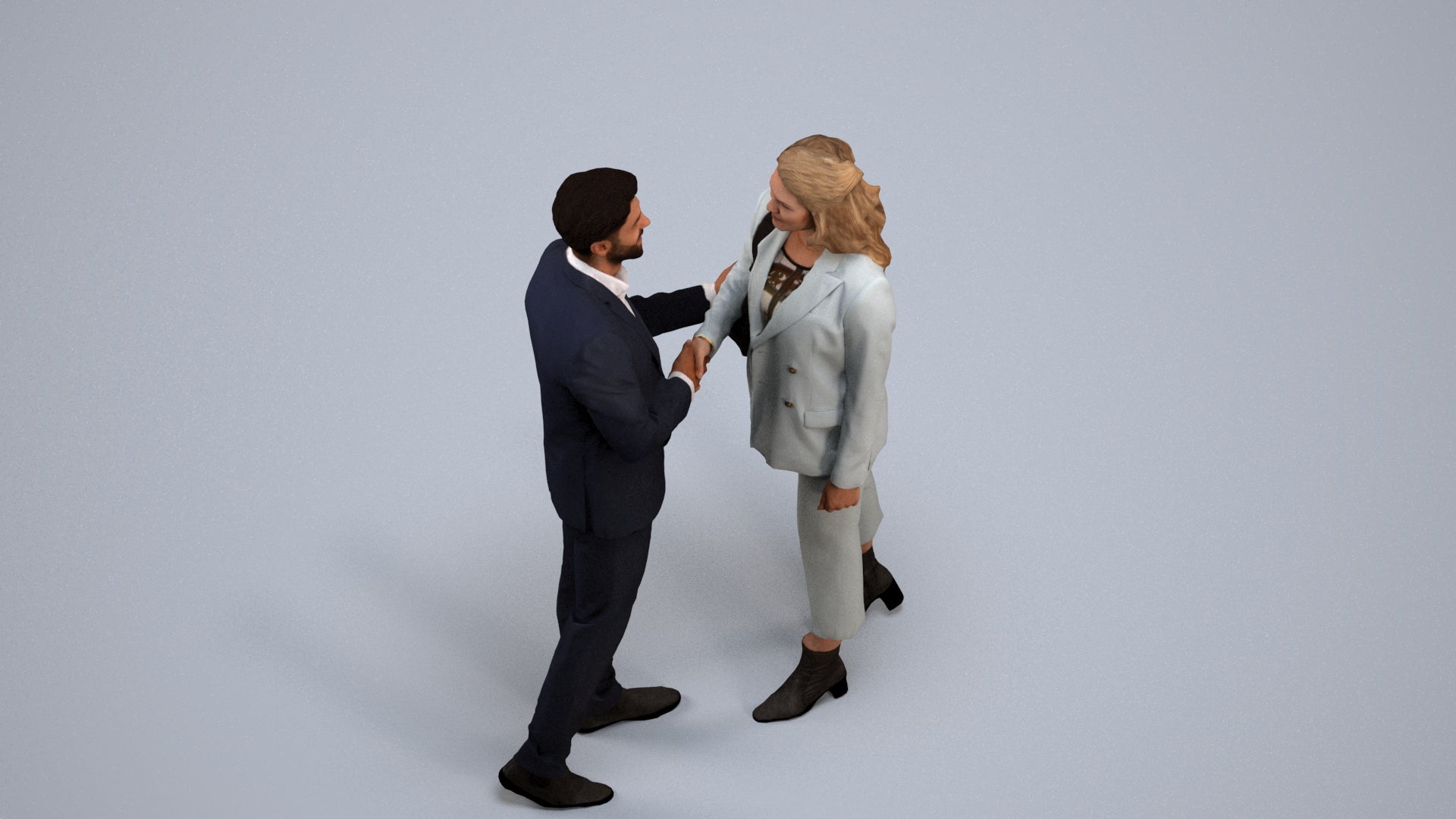 3D human model woman business, photogrammetry scanned person for archviz, back view render