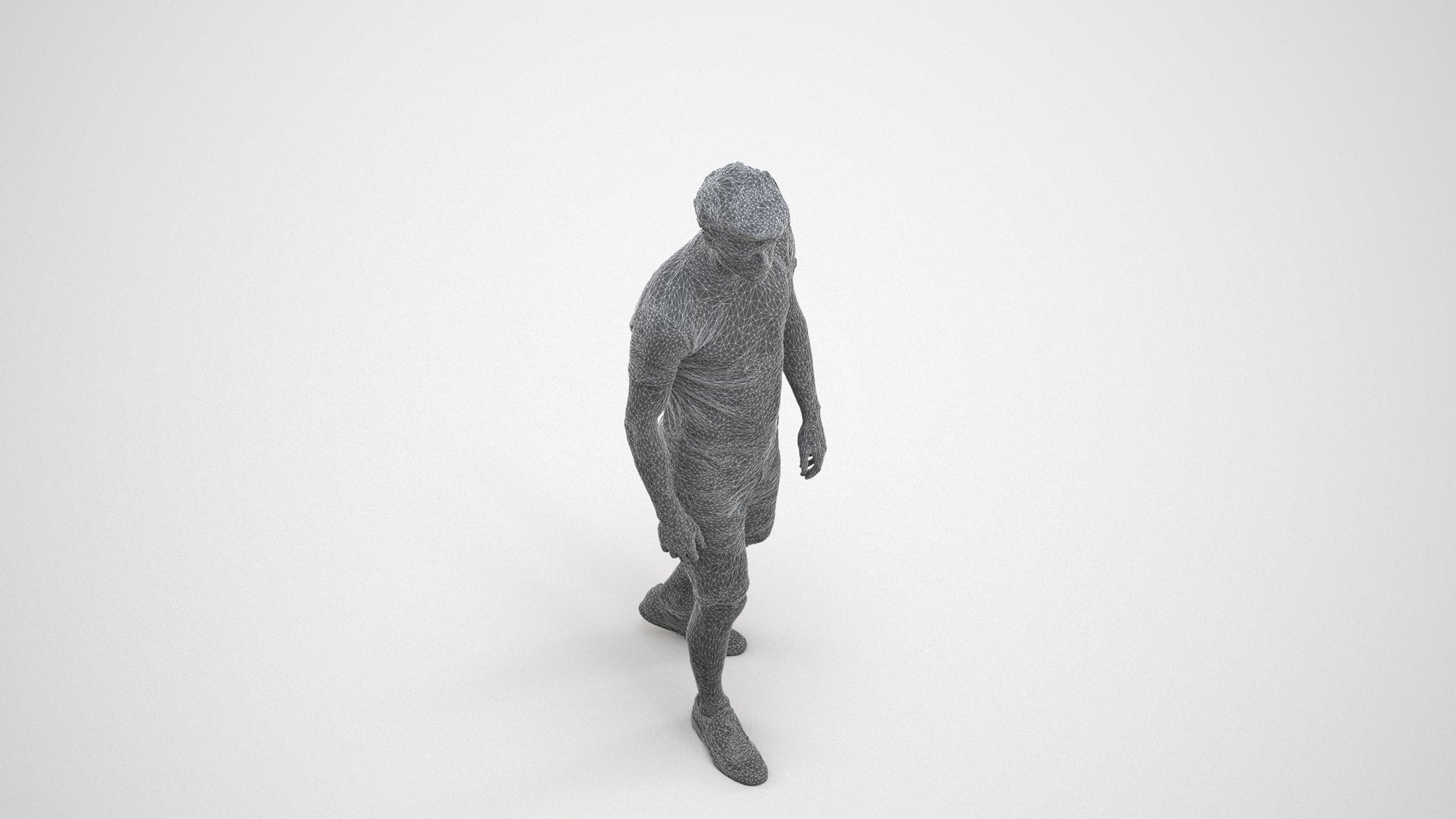 photogrammetry 3D man casual walking, realistic human model archviz FBX, wireframe three-quarter view