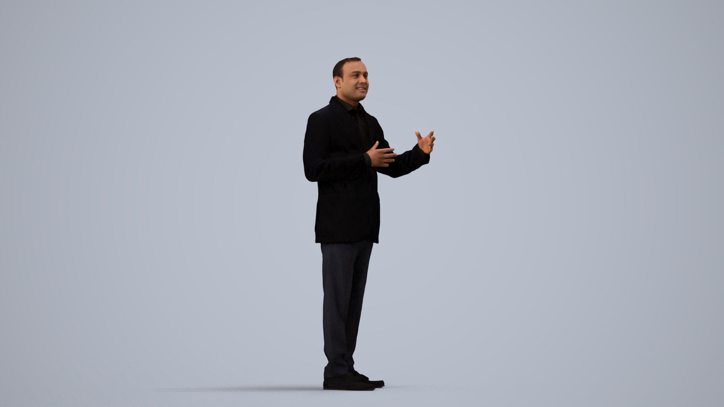 3D human model man formal standing, photogrammetry scanned person for archviz, side view render