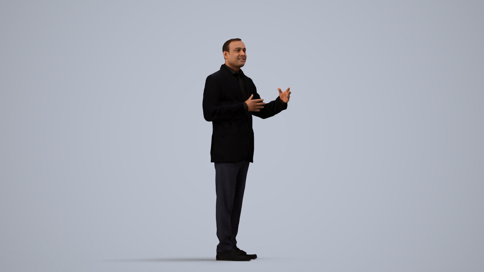 3D human model man formal standing, photogrammetry scanned person for archviz, side view render