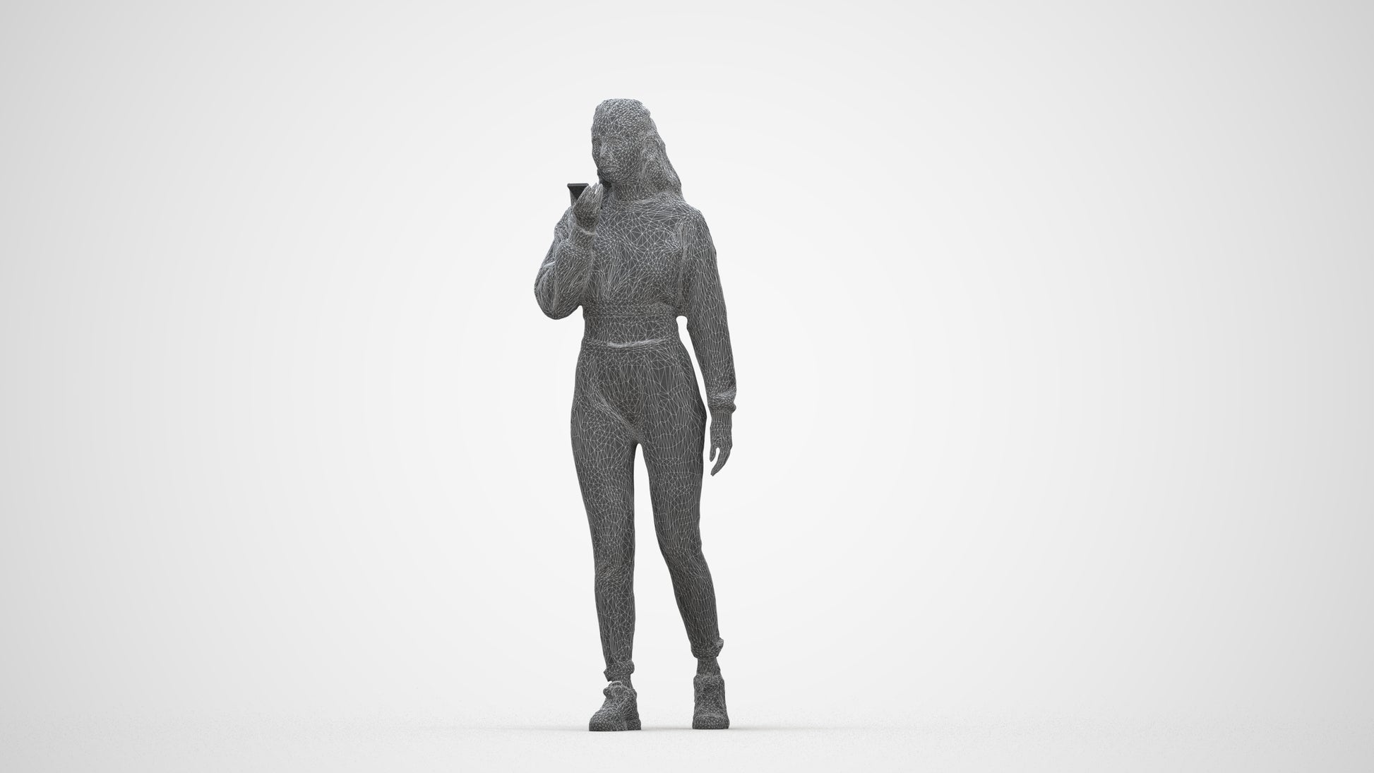 3D human model woman sport, photogrammetry scanned person for archviz, wireframe back view