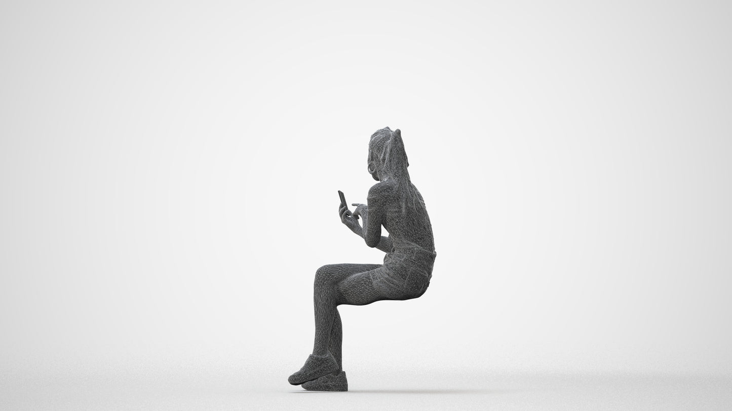realistic 3D woman casual sitting, scanned archviz people for Blender and 3ds Max, square thumbnail