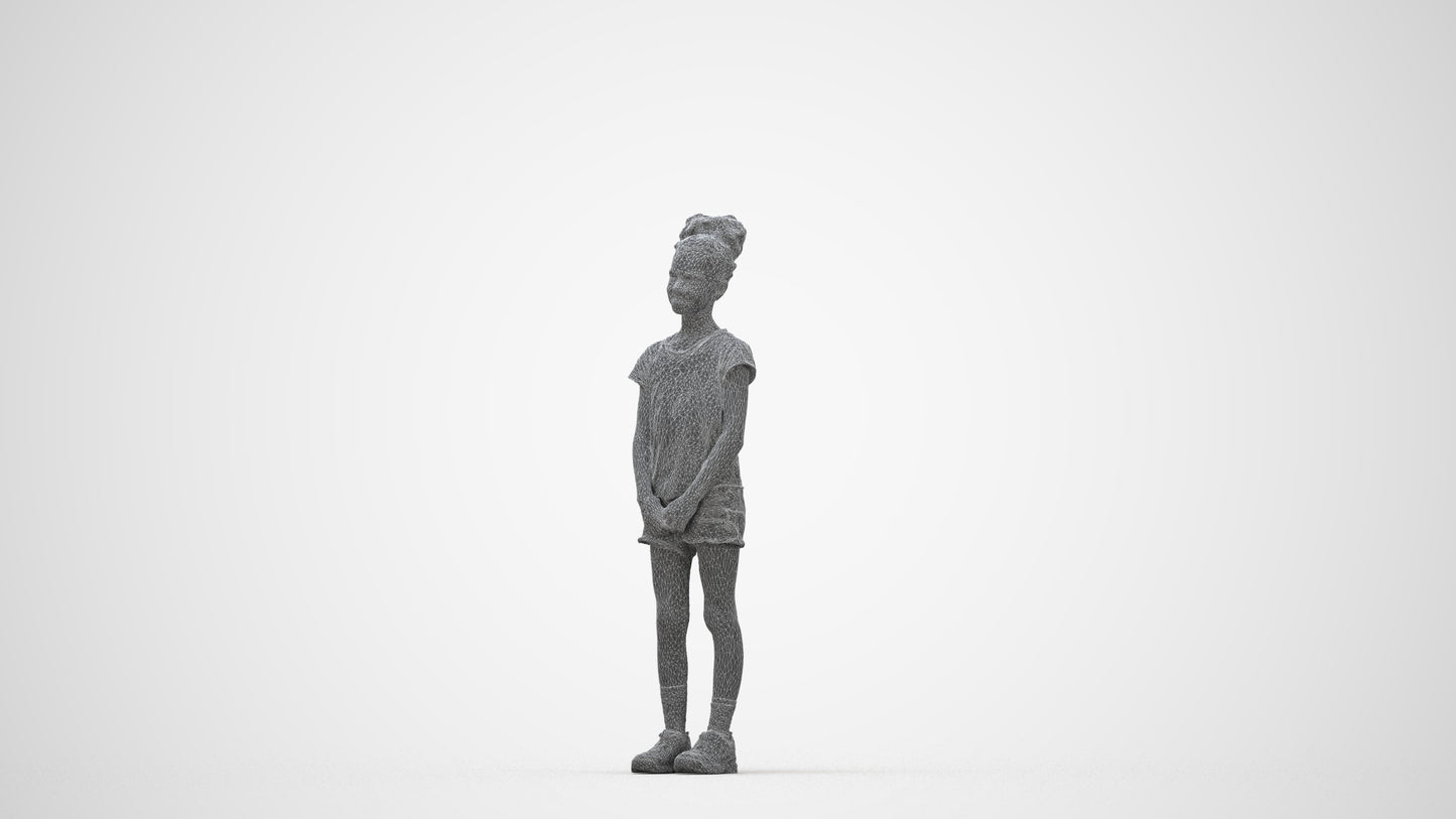 realistic 3D girl casual kids, scanned archviz people for Blender and 3ds Max, wireframe back view