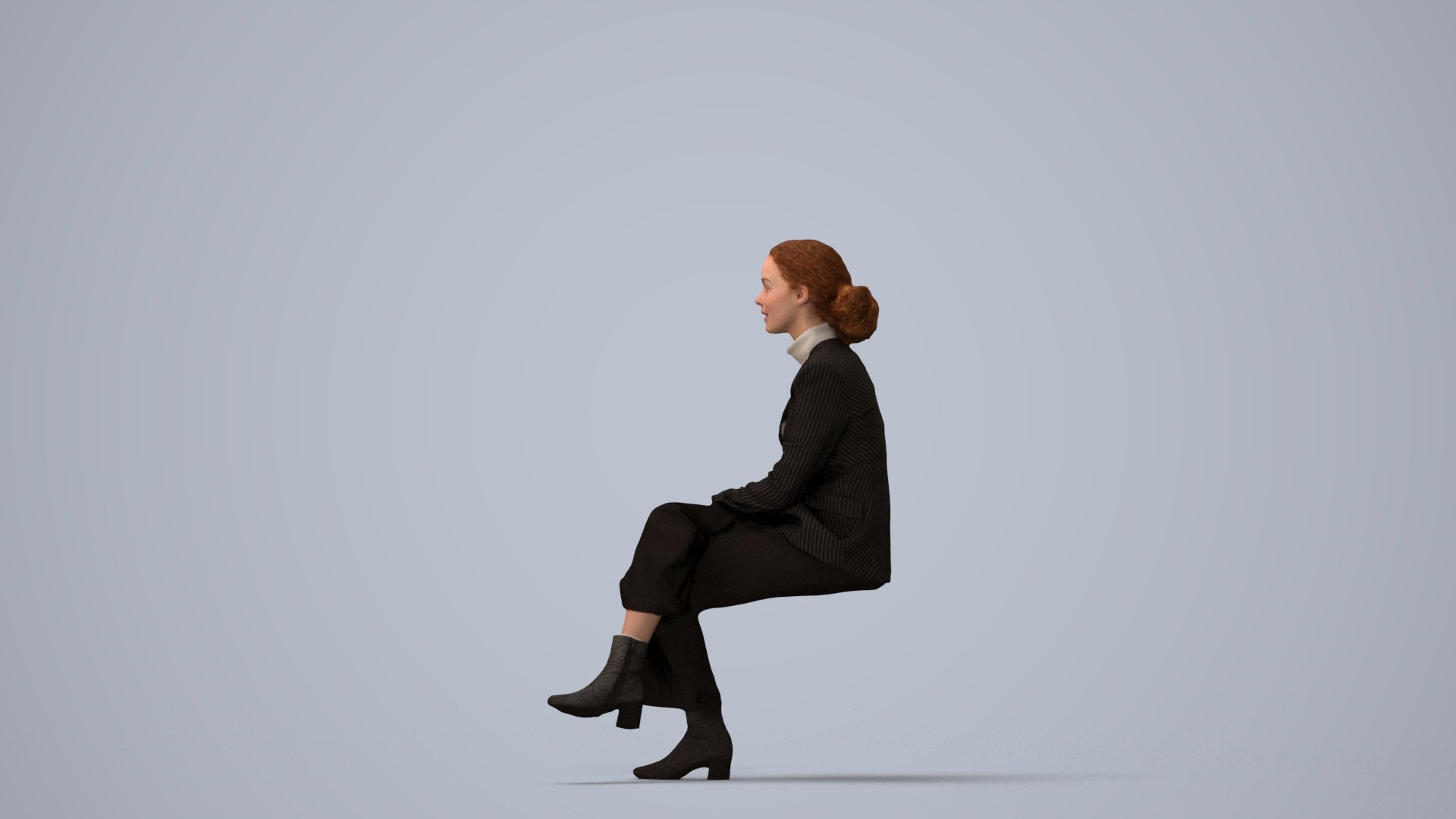 3D human model woman business, photogrammetry scanned person for archviz, three-quarter view render