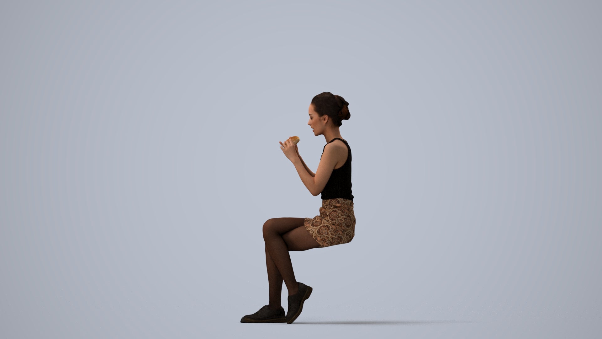 3D human model woman casual sitting, photogrammetry scanned person for archviz, three-quarter view render