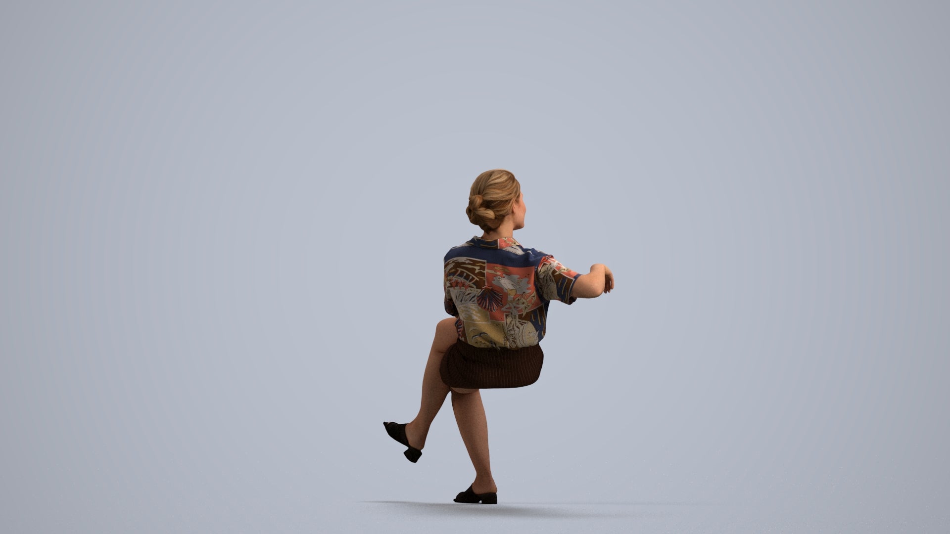 3D human model woman casual sitting, photogrammetry scanned person for archviz, front view render