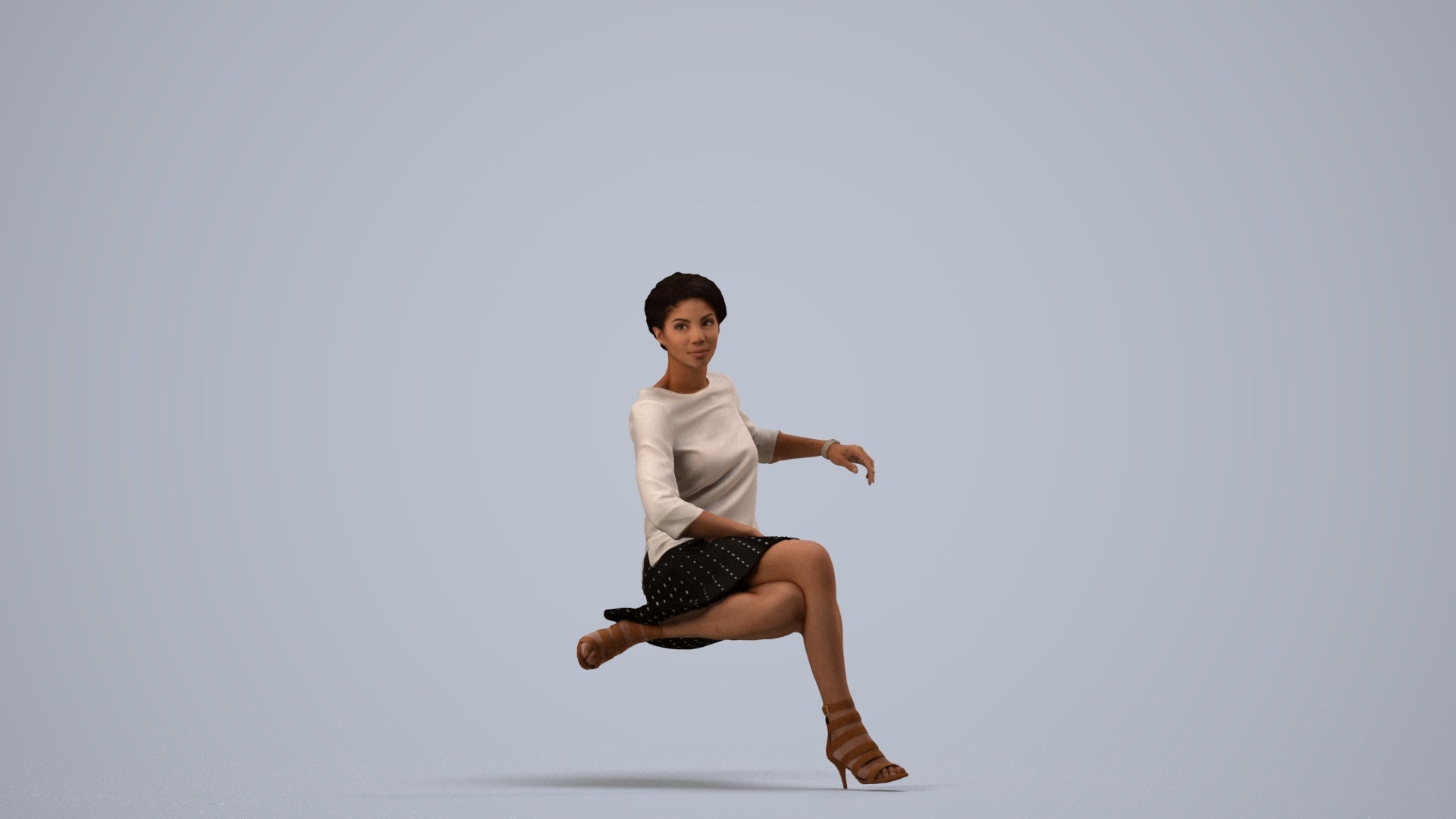 3D scanned woman sitting casual, photorealistic archviz people for Enscape and SketchUp, side view render