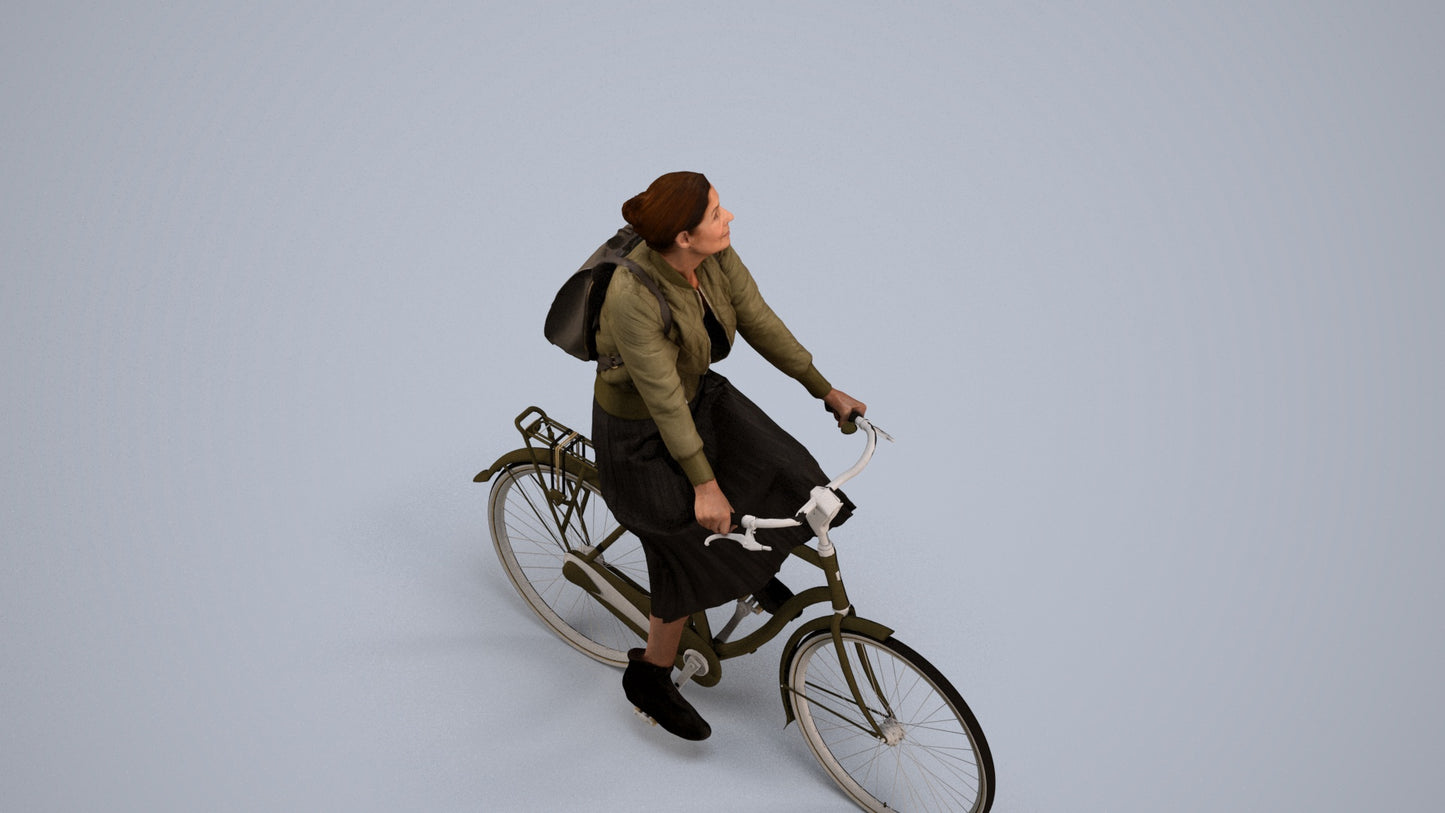 realistic 3D human woman casual cycling, archviz people FBX OBJ for Blender, back view render