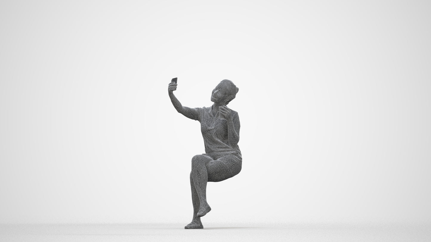 realistic 3D human woman casual sitting, archviz people FBX OBJ for Blender, wireframe back view