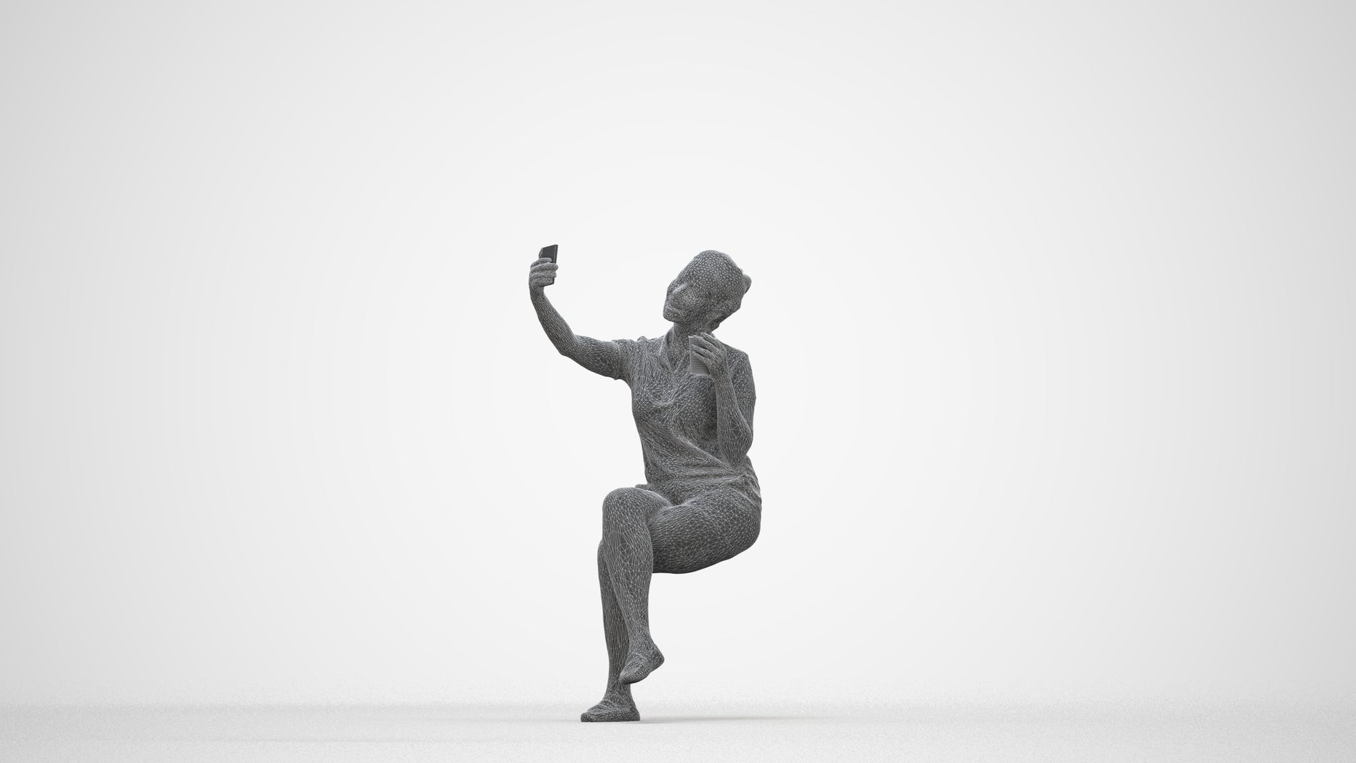 realistic 3D human woman casual sitting, archviz people FBX OBJ for Blender, wireframe back view