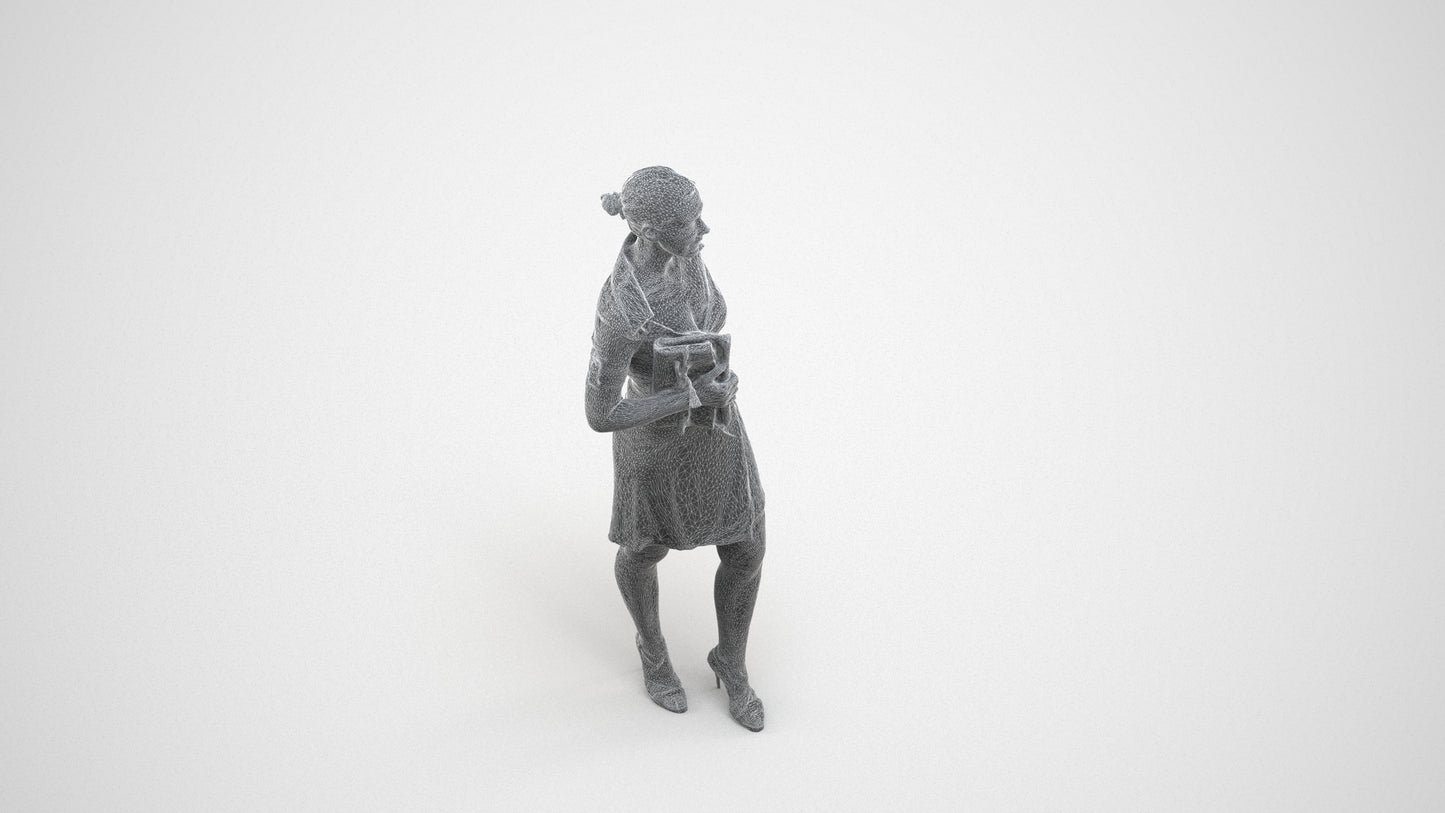 realistic 3D woman business standing, scanned archviz people for Blender and 3ds Max, wireframe three-quarter view