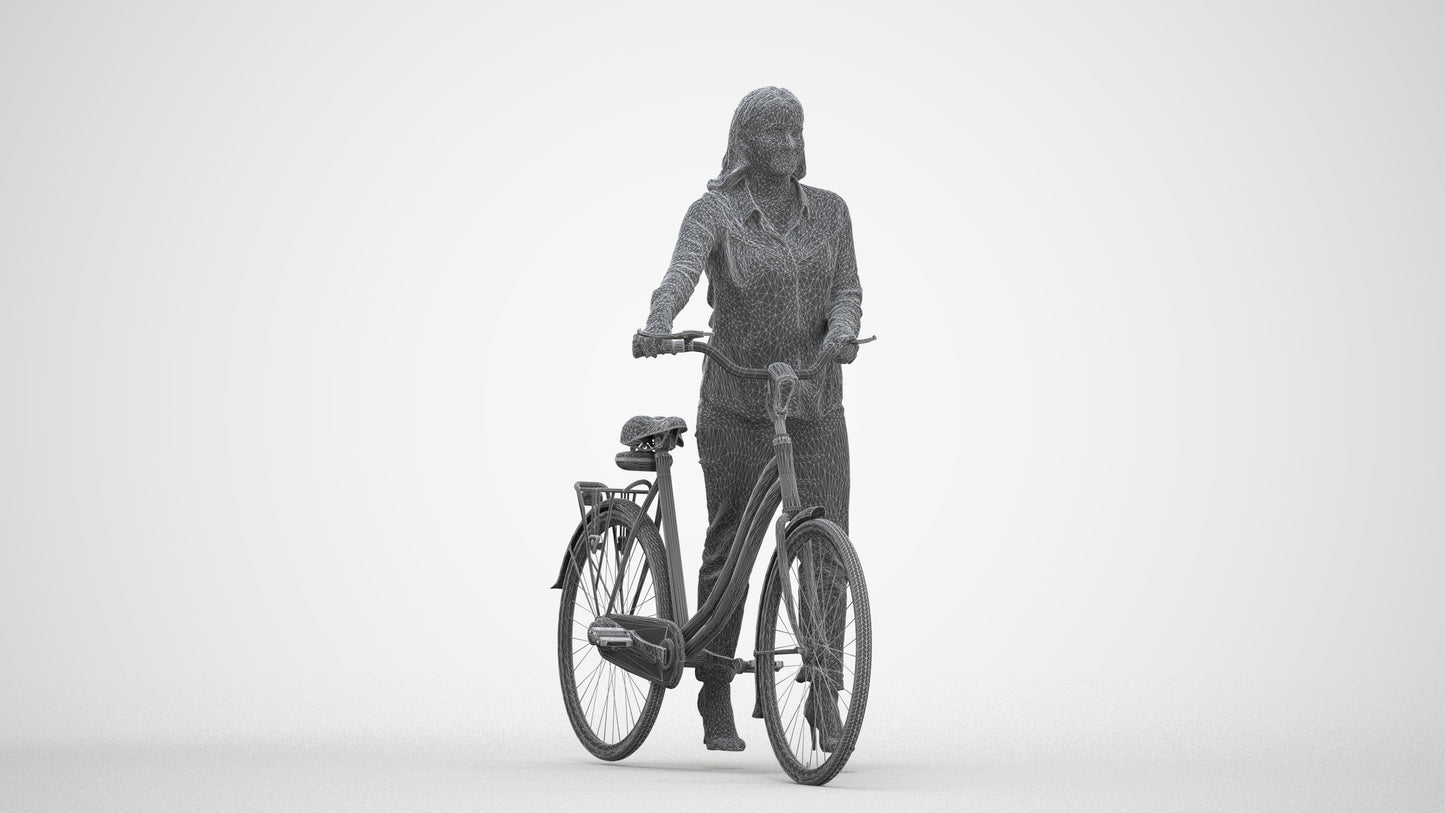 3D human model woman casual walking, photogrammetry scanned person for archviz, three-quarter front view render