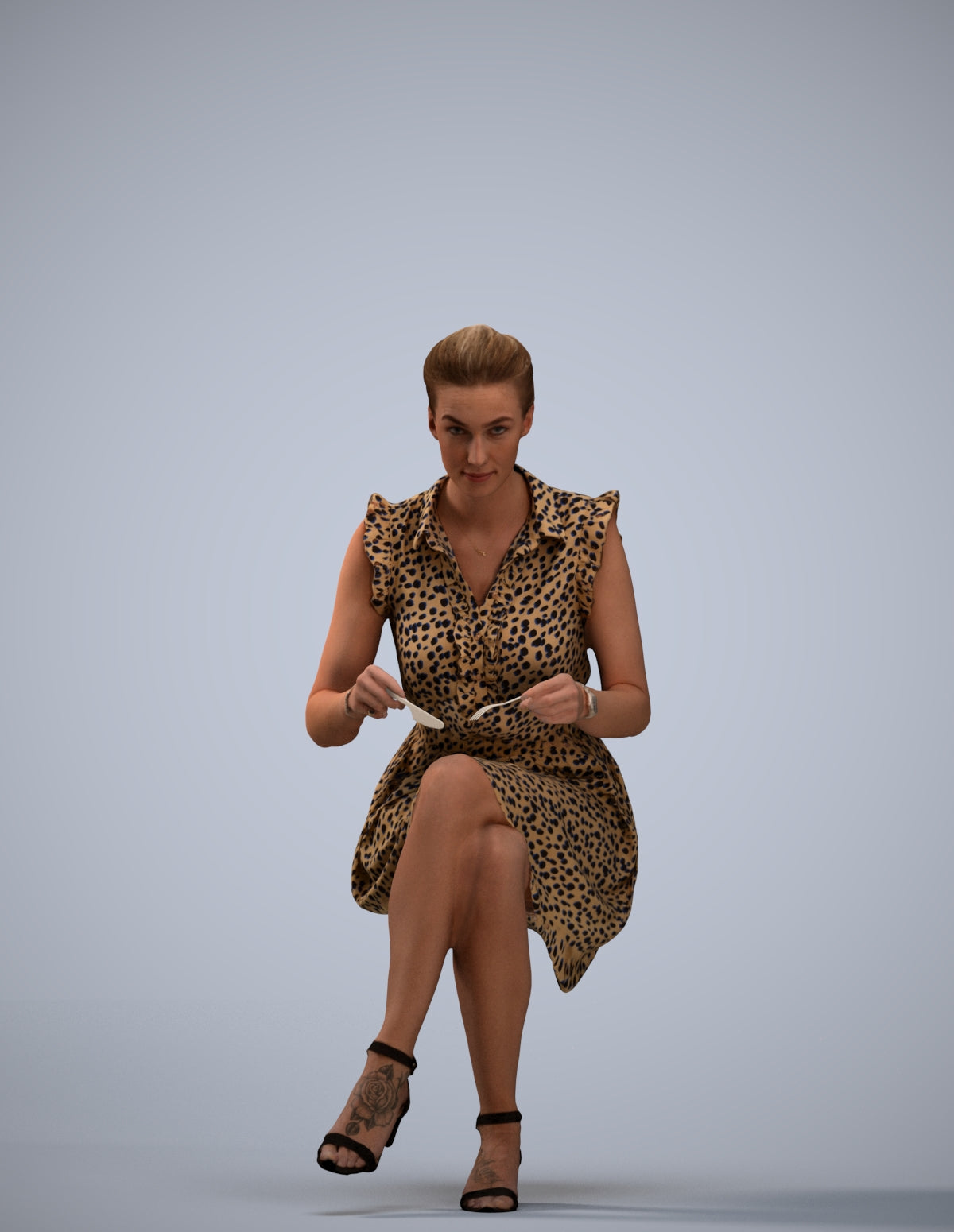 3D scanned woman sitting casual, photorealistic archviz people for Enscape and SketchUp
