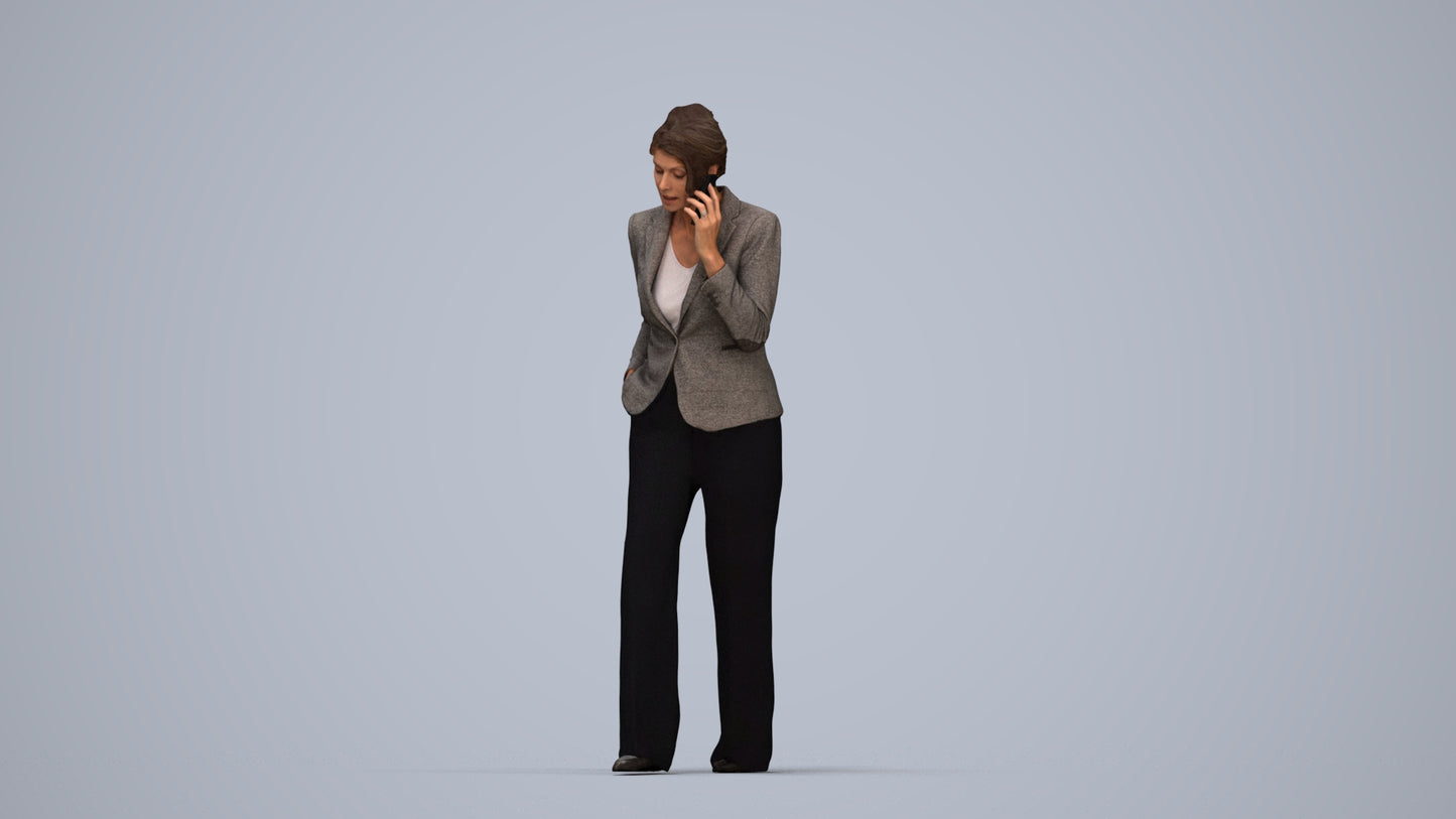 3D human model woman business, photogrammetry scanned person for archviz, top-down view render