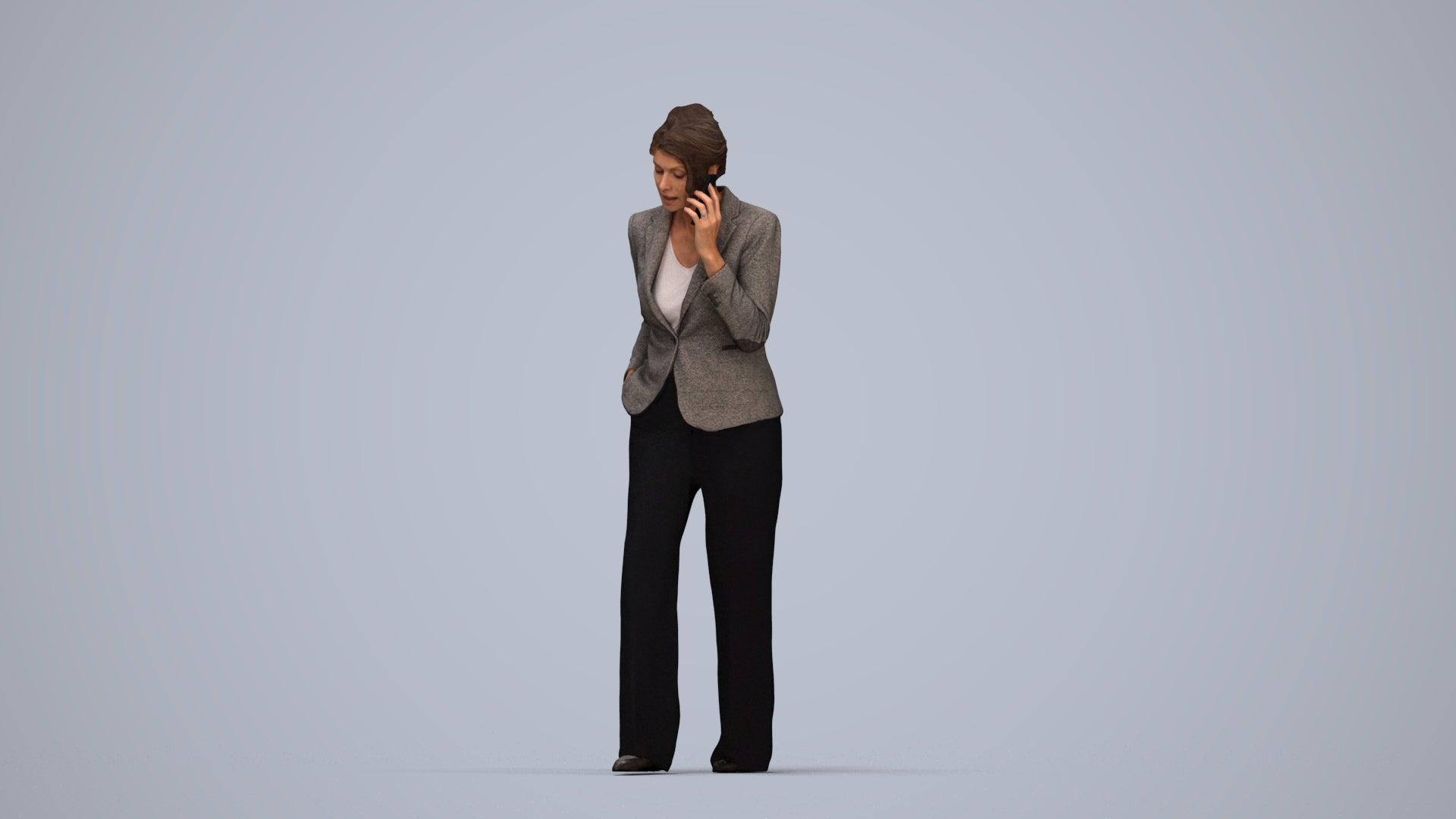 3D human model woman business, photogrammetry scanned person for archviz, top-down view render