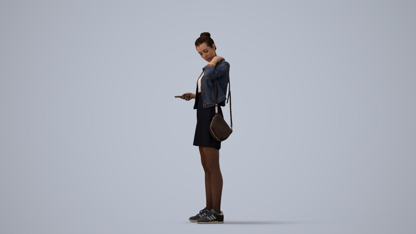 realistic 3D woman casual standing, scanned archviz people for Blender and 3ds Max, three-quarter view render