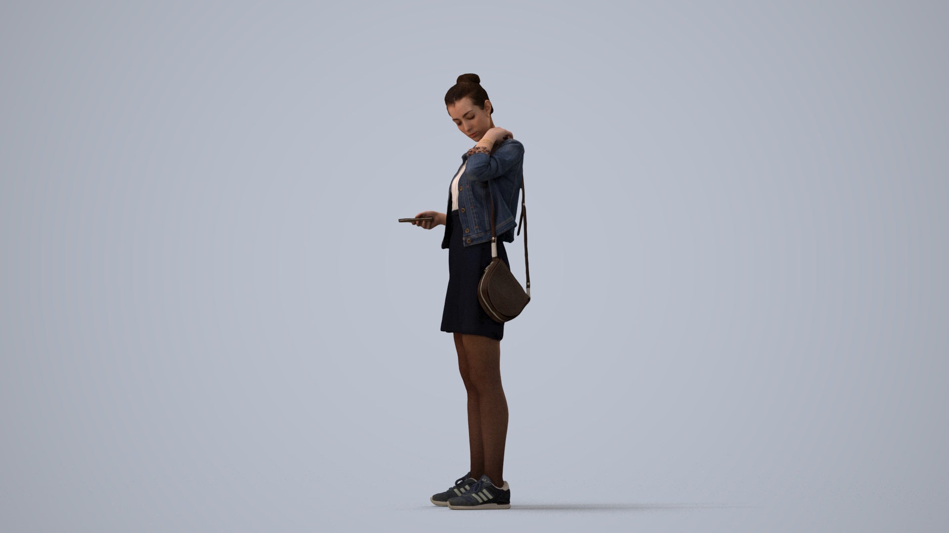 realistic 3D woman casual standing, scanned archviz people for Blender and 3ds Max, three-quarter view render