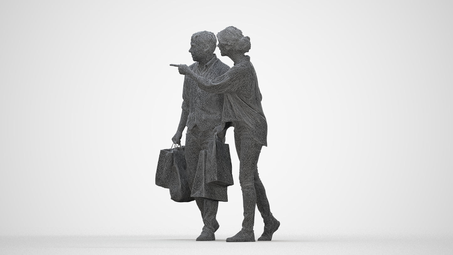 3D human model woman casual shopping, photogrammetry scanned person for archviz, wireframe back view